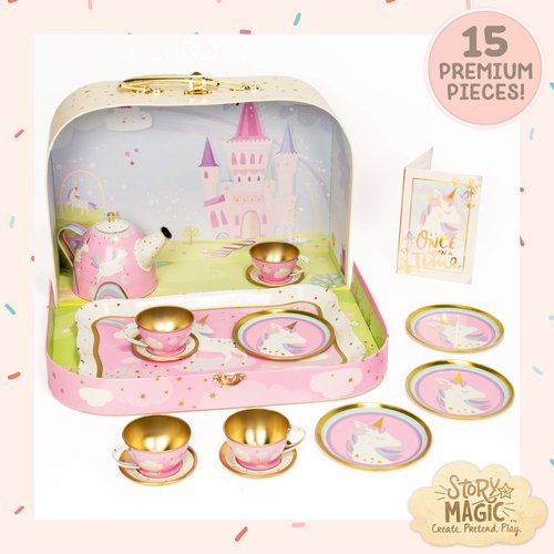 Story Magic Tea Party Playset by Horizon Group USA,Unicorn Tea Set,Pretend Play Activity,On The Go Play,Unicorn Storage Carry Case,Includes Tea Pot,Tea Cups,Plates & Saucers, Perfect for Ages 4+