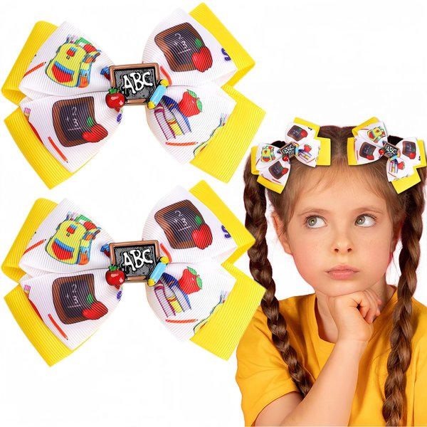 HIFANMM 2Pcs Back to School Hair Clips Yellow Bow Hair Accessories for Girls Cute Cartoon Blackboard Hairpins Funny Schoolbag Apple Alligator Hair Barrettes for School Opening Students Kids Decor