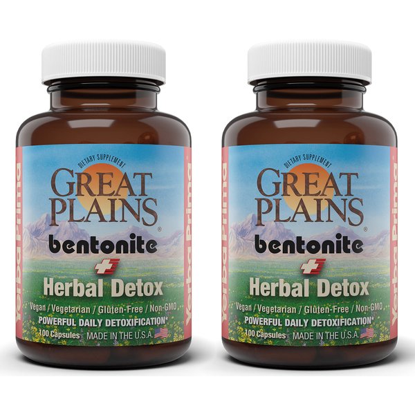 Yerba Prima Great Plains Bentonite Clay Caps Plus Herbal Detox (Pack of 2) - Food Grade - Liver & Colon Cleanse Supplement Capsules