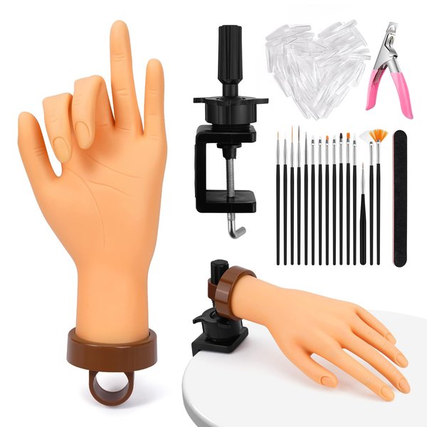 Yokilly Practice Hand for Acrylic Nails, Bendable Soft Nail Practice Hand, Flexible Plastic Nail Hand Practice, Fake Mannequin Training Hand for Nails Practice (with Clamp Holder)