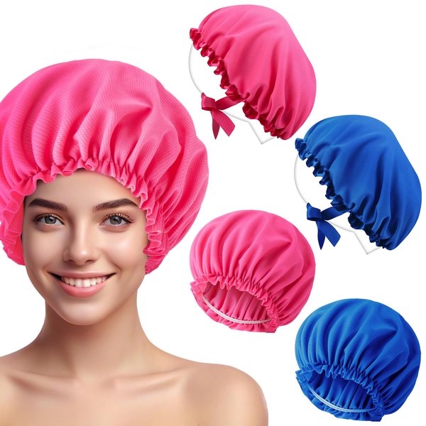 Vinsatin 4 Pcs UV Protection Tanning Face Cover and Bonnet Cap Set Include 2 Pcs Tanning Hair Cap and 2 Pcs Face Tanning Mask Protective Hair Bonnet for Girls Women Salon Tanning (Pink, Blue)