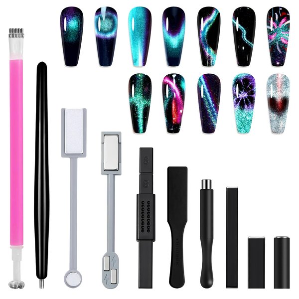 Allstarry 10pcs Nail Magnet Tool Set, Double-head Strong Suction Nail Magnet Stick Cat Eye Flower Design Nail Magnets Pen Plate Wand Board for 9D Strip Galaxy Magnetic Cat Eye Gel Nail Polish Nail Art