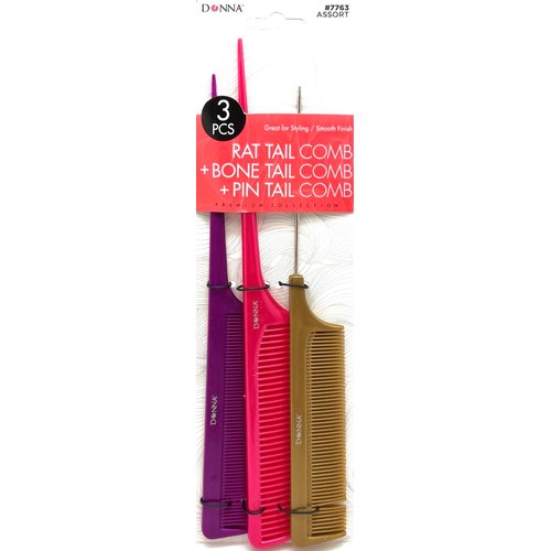 DONNA PREMIUM PEARL COMBO Rat Tail, Bone Tail, Pin Tail COMBS Great for All Hair Type, Hair Styling Comb for Women, Men and Salon, 1PC PURPLE, PINK, BEIGE COLOR