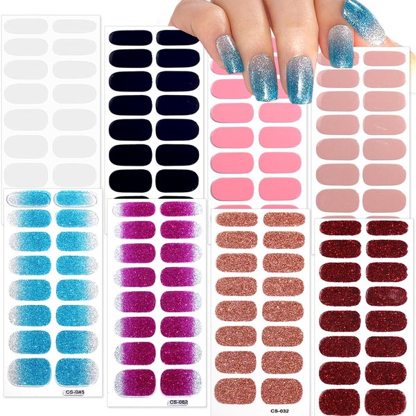 LRKNNO 8 Sheets Gel Nail Strips Gradient Glitter Solid Color Nail Polish Wraps Self Adhesive Gel Nails Sticker Full Nail Wraps Multicolored Nail Gel Stickers for Women Girls Salon Nail Art
