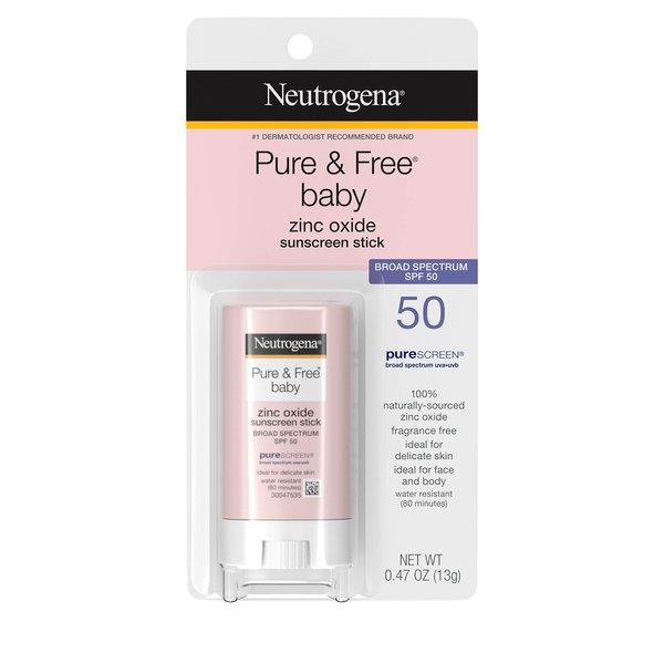 Neutrogena Pure & Free Baby Mineral Sunscreen Stick with Broad Spectrum SPF 50 & Zinc Oxide, Water-Resistant, Hypoallergenic, Paraben-, Dye- & PABA-Free Baby Face & Body Sunscreen, 0.47 oz