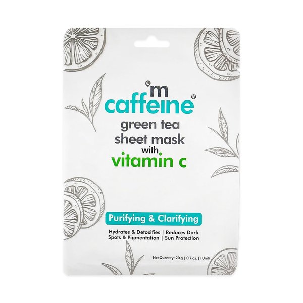 mCaffeine Green Tea Sheet Mask with Vitamin C - Face Mask for Dark Spots Reduction and Pigmentation - Sun Damage Protection with Vitamin C - 1 pc