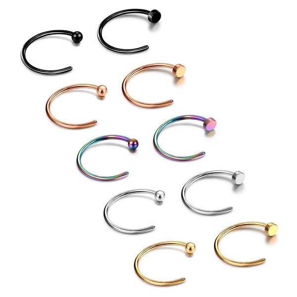 JewelrieShop Nose Rings Hoop 20G Stainless Steel Nose Piercing Jewelry Fake Lip Hoop Rings for Women Men (10pcs,10mm,5 Colors)