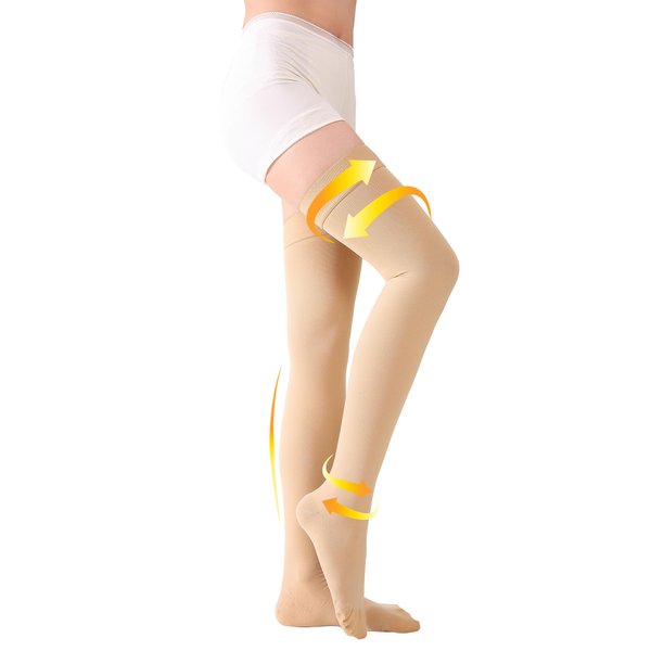 TOFLY® Medical Thigh High Compression Stockings for Women & Men, Closed Toe, Opaque, Firm 20-30mmHg Graduated Compression Socks with Silicone Band, Support for Varicose Veins, Edema, Travel,Beige L