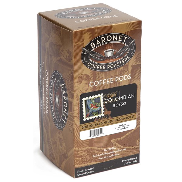Baronet Coffee Pods [50/50 Decaf Colombian-54 Pods] Single Cup Use, Like Senseo Coffee Pods [3 Boxes of 18 Single Serve 10 Gram Pads] Reg Strength Soft Coffee Pods, Med Roast [50/50 Decaf Colombian]