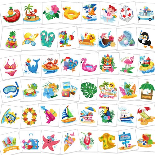 HOWAF Hawaiian Luau summer Temporary Tattoos, 96 Pieces Summer Pool Themed Fake Tattoos, Waterproof Hawaiian Tropical Tattoos Stickers Party Decoration for Adults Tropical Beach Themed Birthday Party Supplies Favors