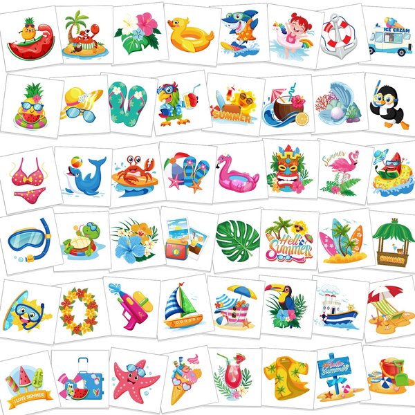 HOWAF Hawaiian Luau summer Temporary Tattoos, 96 Pieces Summer Pool Themed Fake Tattoos, Waterproof Hawaiian Tropical Tattoos Stickers Party Decoration for Adults Tropical Beach Themed Birthday Party Supplies Favors