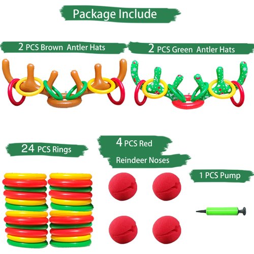 4 Sets Christmas in July Inflatable Reindeer Antler Ring Toss Game School Family Favors Party Gift Supplies Outdoor Indoor Toy (24 Rings with 4 Reindeer Noses)