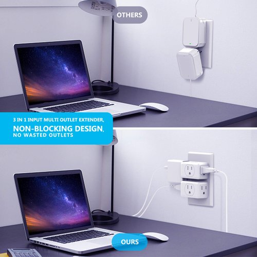 Multi Plug Outlet Extender, VINTAR 3 Outlet Adapter, Multiple Outlet Splitter, Grounded Wall Tap Adapter, Power Plug Expander for Travel Home Office Dorm, 3-Pack