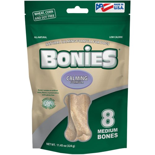 Bonies Natural Calming Formula Medium-Sized Single Bone - Contains Chamomile & Lavender, Help Anxiety, Excessive Barking & Trembling, Chicken Flavor, [Medium Dog], 8 Bones