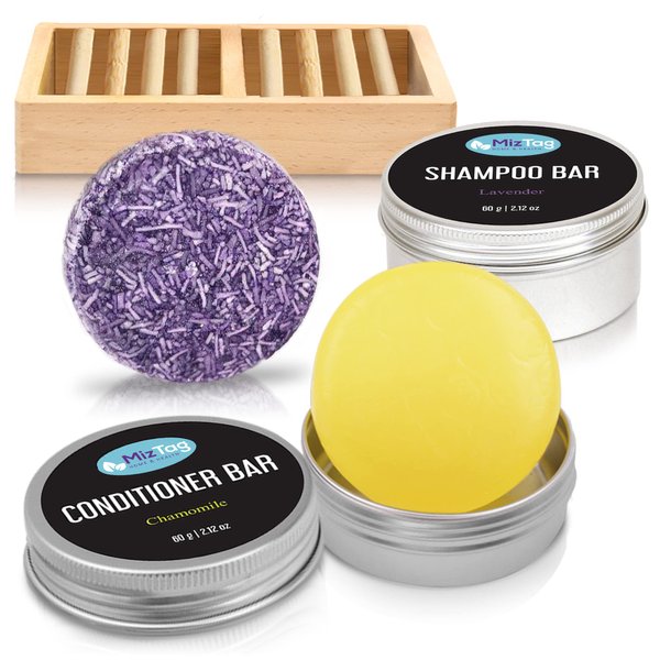 Bar Shampoo and Conditioner for Hair with Natural Vegan Ingredients. Phthalate-Free, Paraben-Free and Eco-Friendly. Shampoo Bar Holder and 2x Travel Tins included
