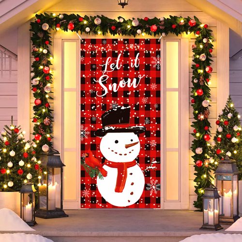 Plaid Christmas Door Cover Snowman Door Banner Decorations Red Black Buffalo Plaid Let It Snow Snowman Cardinal Door Cover Backdrop Sign for Christmas Winter Holiday Indoor Outdoor Party Supplies