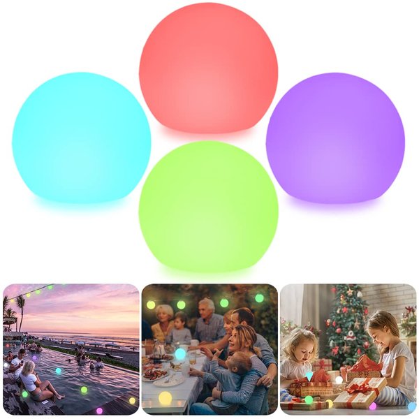4 PCS Floating Pool Lights, RGB Color Changing Waterproof Hot Tub Lights, 3-In LED Glowing Ball Light w/Remote, Hanging Light up Ball Night Light w/ 4 PCS Extra Batteries for Bath Pond Christmas Party