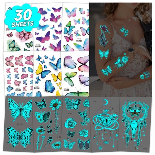 EMOME 100+ Styles Glow + Glitter Tattoos for Butterfly Birthday Decorations, Glitter Tattoo Stickers for Women, Luminous Art Temporary Tattoos for Adults Butterfly Party Favors Supplies (30 sheets)