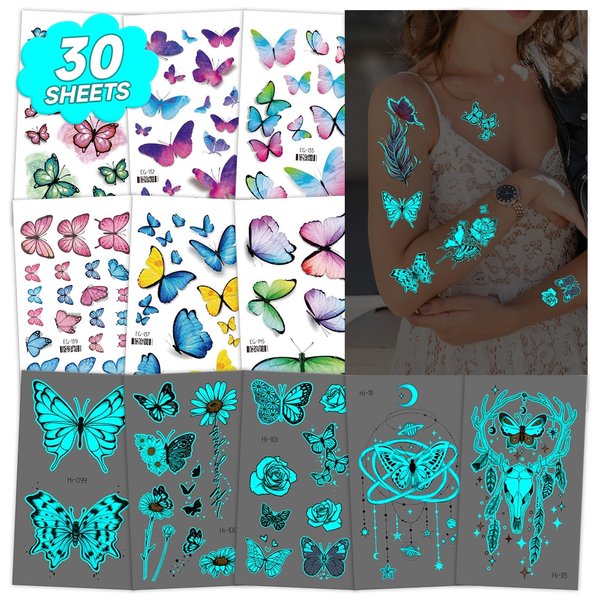 EMOME 100+ Styles Glow + Glitter Tattoos for Butterfly Birthday Decorations, Glitter Tattoo Stickers for Women, Luminous Art Temporary Tattoos for Adults Butterfly Party Favors Supplies (30 sheets)