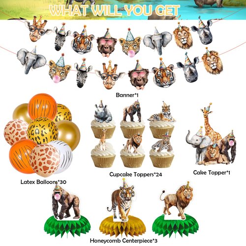 Safari Animals Party Decorations Includes Banner Honeycomb Centerpieces Cake Cupcake Toppers and Balloons Wild Animals Jungle Party Decorations for Baby Shower Decorations