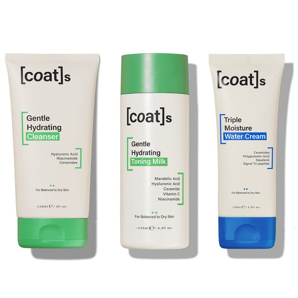 Coats Skin Care Set Bundle, Gentle Hydrating Face Cleanser + Toner + Face Moisturizer. Skincare Set for Women and Men with Hyaluronic Acid + Ceramides, Combination to Dry Skin (150ml + 125ml + 75ml)