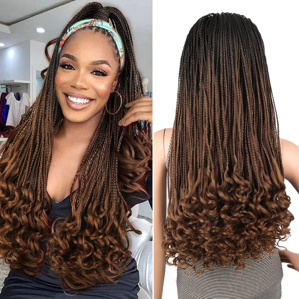 Aisaide Braided Wigs Braided Headband Wigs for Black Women Box Braid Wig with Headband Attached Beach Curl Crochet Hair Wrap Wig With Curly Ends Braid Wig Ombre Brown Ice Silk Headband Wig