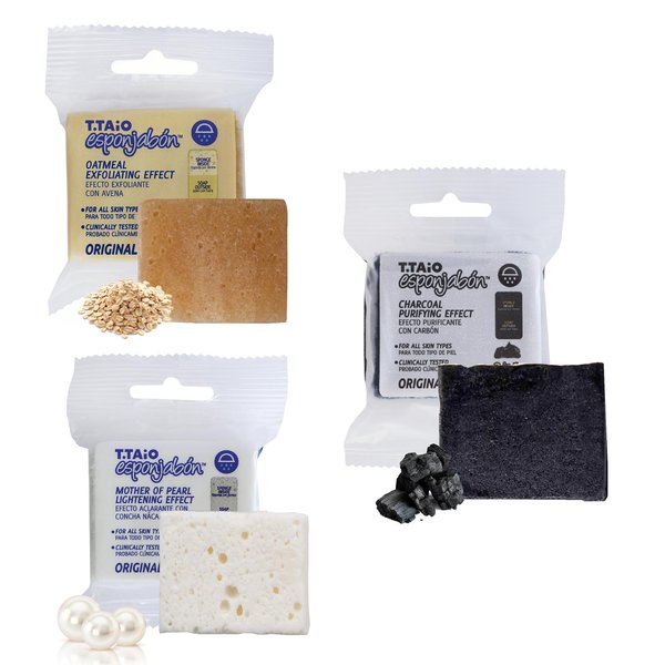 T.Taio Esponjabon Variety Pack Mini Travel Size Soap Sponges - Includes Mother of Pearl, Oatmeal, and Charcoal - Catering to Different Skincare Needs & Preferences, Ideal for On-The Go Cleanse
