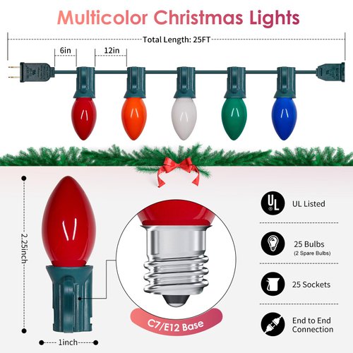 C7 Christmas Lights, 25Ft Vintage Christmas Outdoor Indoor String Lights with 27 Ceramic Colored Christmas Lights, Hanging Christmas Decorations Lights for Rooftop/Garden/Tent/Party, Green Wire
