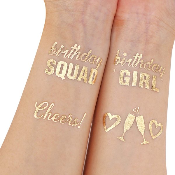 Birthday Tattoos(32Designs),Konsait Metallic Temporary Tattoos for Girls Kids Birthday Party Celebration Accessories-Birthday Girl,Birthday SQUAD,Cheers,Happy Birthday Party Bag Filler Favors Supplies