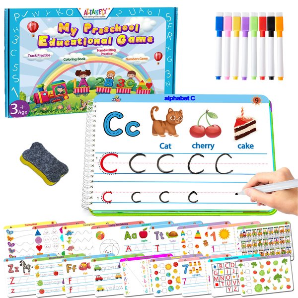 ALIANFLY Montessori Preschool Learning Tracing Workbook - Toddler Alphabet and Numbers Handwriting Practice Busy Activity Book Dry Erase, Autism Materials Prek Educational Toy for Kids Age 3 4 5