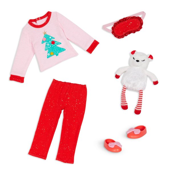 Glitter Girls – 14-inch Doll Outfit – Christmas Doll Clothes – Festive Doll Outfit – 14-inch Doll Slippers – 14-inch Doll Sleepover – FA La La La La, Pajama