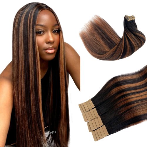 Tape in Hair Extensions Human Hair 20pcs Double Stitched Natural Black Hair Extensions Balayage Aubrun Highlights Real Remy Human Hair Yaki Straight 18 Inch 50g/pack Tape Hair Extensions for Women