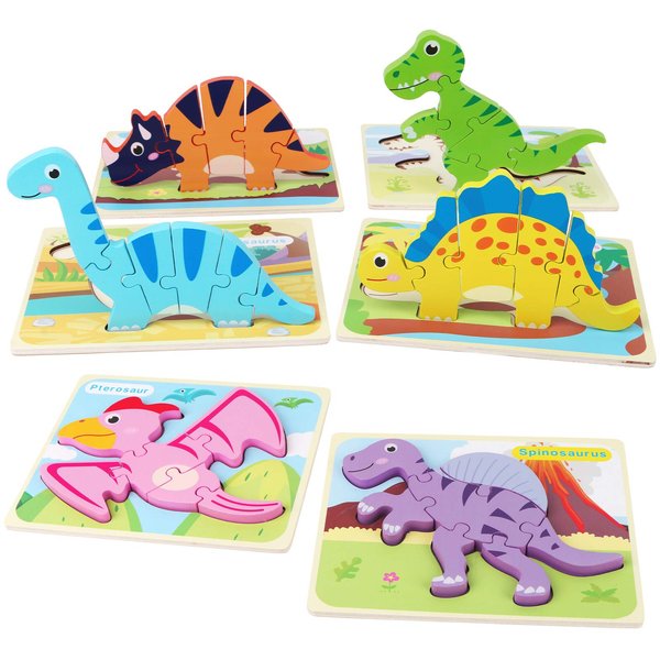 SYNARRY 6 Pack Dinosaur Wooden Puzzles for Kids 3-5, Wooden Puzzles for Toddlers, Dinosaur Puzzles for Toddlers 3 4 5 Year Old, 3D Dinosaur Puzzles Educational Preschool Toys for Boys and Girls