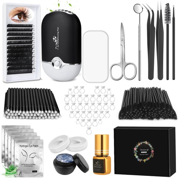 ROADPLUM Professional Lash Extension Kit, Lash Cleaning Kit with Fan Dryer, D Curl Eyelash, Extension Glue, Remover, Tweezers, Eye Patches, Lash Tech Practice Lash Extension Supplies for Beginners
