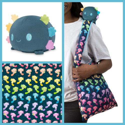 TeeTurtle - Plushie Tote Bag - Blue + Rainbow Axolotl - From the creators of the Original Reversible Octopus Plushie - Take Your Plush Pal Wherever You Go!