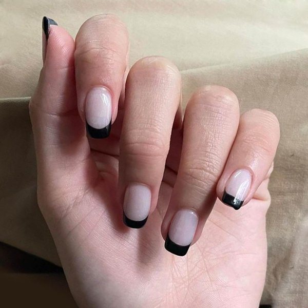 Semi Cured Gel Nail Strips UV Gel Nail Stickers Black French Nail Tips Long Lasting Gel Nail Stickers 20 Pieces Nail Strips Works with UV Nail Lamp Easy Application & Removal