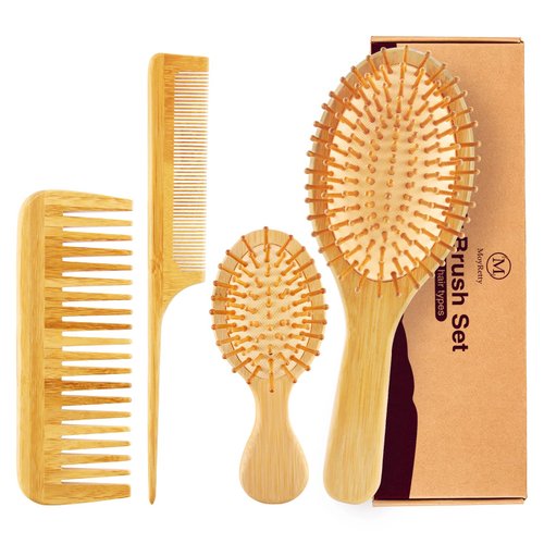 MoyRetty Bamboo Hair Brush Comb Set - Natural Wooden Hairbrush Paddle Detangling for Thick Thin Curly Straight Wavy Dry Fine Hair, Men Women and Kids, Static-Free(4 Pcs) Yellow