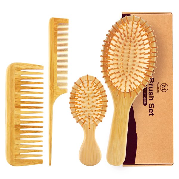 MoyRetty Bamboo Hair Brush Comb Set - Natural Wooden Hairbrush Paddle Detangling for Thick Thin Curly Straight Wavy Dry Fine Hair, Men Women and Kids, Static-Free(4 Pcs) Yellow