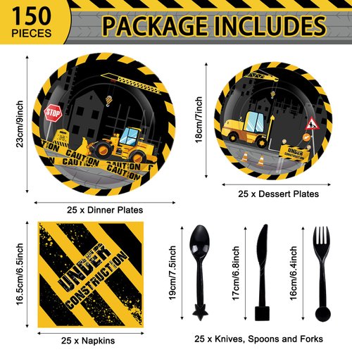 Funrous 150 Pcs Construction Birthday Party Supplies Construction Plates and Napkins Tablecloth Sets Truck Theme Birthday Decorations for Boys Kids Birthday Tractor Dump Decorations, Serves 24 Guests