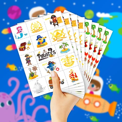 EMOME Temporary Tattoo - Glow + Metallic Glitter Style Tattoos for Kids Party Supplies, Temp Tattoos Sticker for Boys Girls, Birthday Party Favor Decorations Accessories (Pirate)