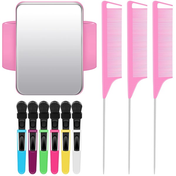 Magnetic Wristband for Hair Stylist Pin Wristband Wrist Pin Holder Braiders Wristband for Gel Silicone Sewing Pincushion with 3 Pieces Pintail Comb 6 Pieces Plastic Clip (Pink Wrist Strap)