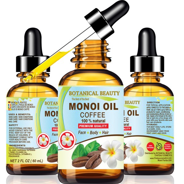 Botanical Beauty MONOI OIL COFFEE. Frangipani flowers in Coconut Oil with Coffee aroma. 100% Natural 2 Fl.oz - 60 ml Pure for FACE, SKIN, BODY, HAIR, NAILS. Luxury Beauty Oil