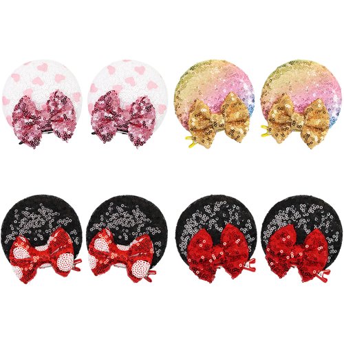 8PCS Sequin Mouse Ears Hair Clips,3.5 inch Hair Bows Cute Mice Ears Hair Clips Barrettes for Women Girls Hair Accessories for Costume Party Favor