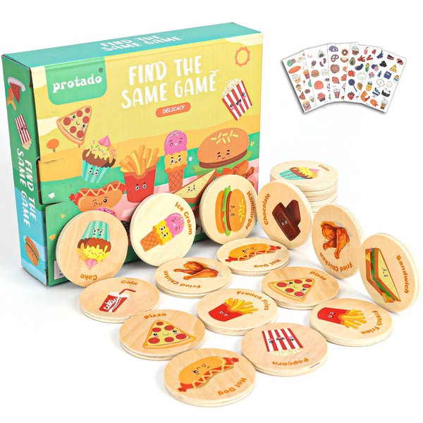 Protado Wooden Match Memory Game for Kids, 24Pc Memory Matching Cards with 5Pc Tattoo Stickers, Educational Memory Matching Game for Pre-Kindergarten Early Learning Development Kids (Delicacy)
