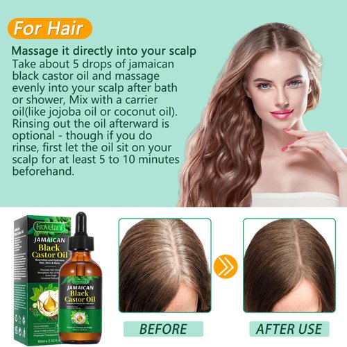 Jamaican Black Castor Oil, Organic Castor Oil for Hair Growth, Cold Press Unrefined, Thicker Eyelashes and Eyebrows, Massage Oil for Aromatherapy 60ML