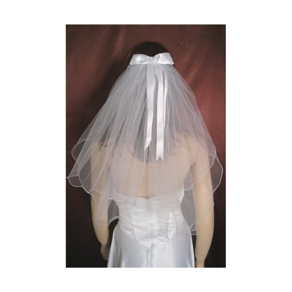 Ivory Flower Girl 2 Tier Wedding Communion Veil Satin Ribbon Bow Shoulder Length