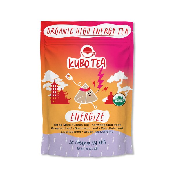 Kubo Tea, Energize Yerba Mate Green Tea, Organic High Caffeine Blend, 20 Servings (140mg Caffeine each), Pyramid Tea Bags, Compostable & Biodegradable Packaging, Healthy Coffee Substitute