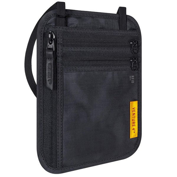 VENTURE 4TH Slim Passport Holder Neck Pouch with RFID Blocking Travel Neck Wallet and Nylon Lining (Black)