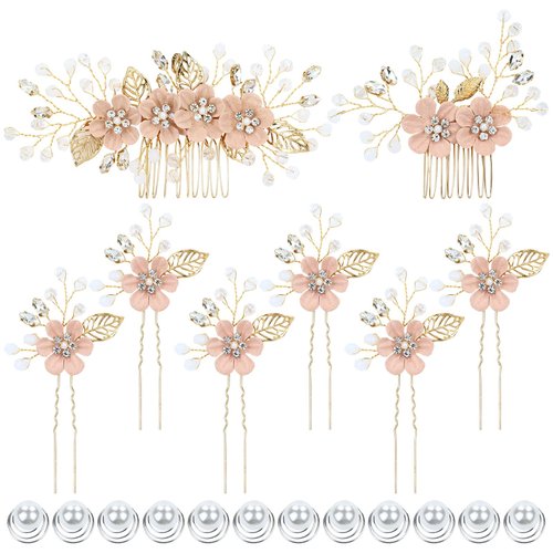 Dizila 20 Pieces Bridal Wedding Party Prom Rhinestone Pearl Pink Flower Hair Side Combs Slides+U-shaped Flower Hair Pins+ Twist Spiral Pearl Hair Pins Headpieces for Brides Bridesmaids Women Girls