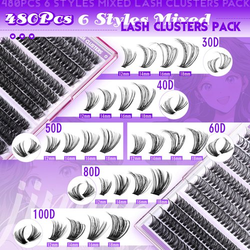JIMIRE Fluffy Lash Clusters 476Pcs Volume Cluster Eyelash Extensions Mink D Curl Eyelash Clusters 6 Styles Mix Individual Cluster Lashes for Beginners Friendly Easy to Use(30+40+50+60+80+100D,12-18MM)